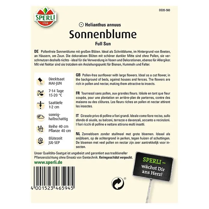 Sperli Blumensamen Sonnenblume - Full Sun, Helianthus annuus, Blütezeit: Juli - Abbildung einer Saatguttüte Sonnenblume 'Full Sun' von Sperli, pollenfrei, ideal für Schnittblumen und als Bienenweide.