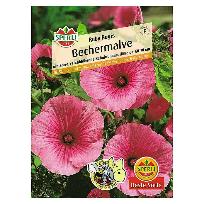 Sperli Blumensamen Bechermalve Ruby Regis - Lavatera trimestris, Blütezeit: Juli - Samenpackung "Ruby Regis Bechermalve" von Sperli, mit pinkfarbenen Blüten und Informationen zu Anbau und Pflege.