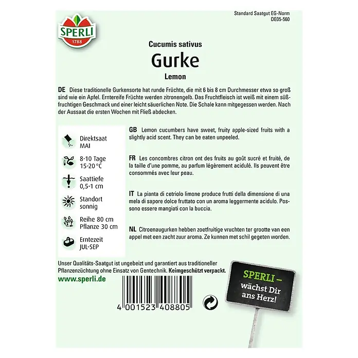 Sperli Gemüsesamen Zitronengurke - Cucumis sativus, Saatzeit: Mai, Erntezeit: Juli - Bild einer SPERLI-Samentüte für „Gurke Lemon“, einer traditionellen Gurkensorte mit runden, zitronengelben Früchten.