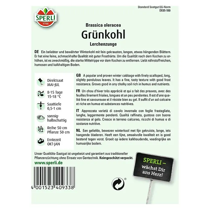 Sperli Gemüsesamen Grünkohl - Brassica oleracea, Erntezeit: Januar - SPERLI Grünkohl-Samen: Winterkohl mit feinen Blättern, frosthart, ideal für nährstoffreichen Boden. Für leckere, gesunde Gerichte.