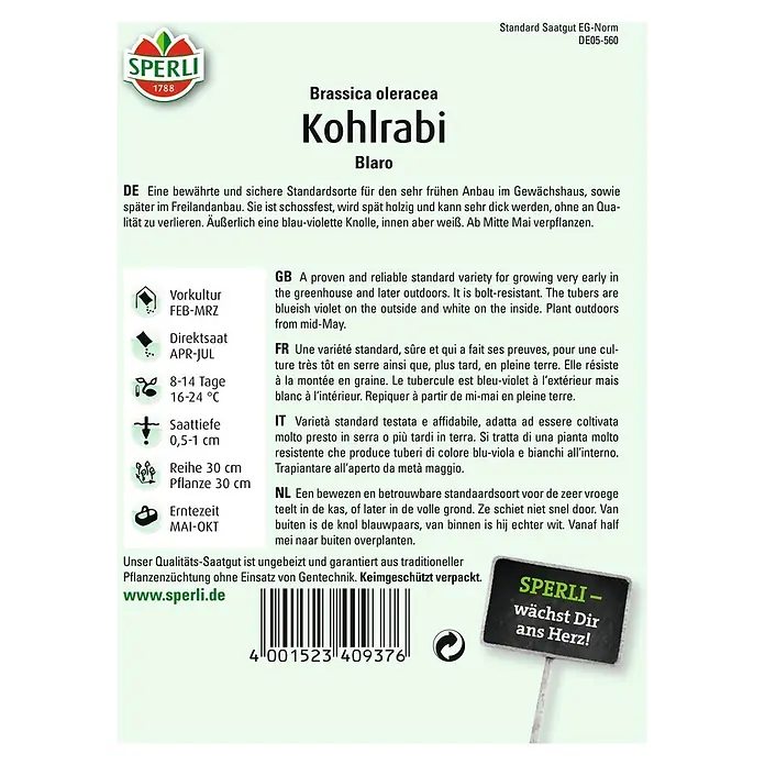 Sperli Gemüsesamen Kohlrabi - Blaro, Brassica oleracea, Erntezeit: Mai - Bild der Samenumschläge von Kohlrabi 'Blaro' von Sperli, einer bewährten Sorte für den frühen Anbau und Freilandanbau.