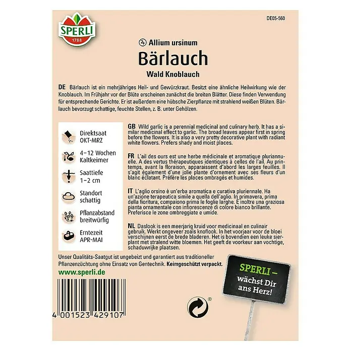 Sperli Gemüsesamen BärlauchAllium ursinum, Erntezeit: April - Bild einer Samenpackung Bärlauch von Sperli. Bärlauch ist ein beliebtes Küchenkraut mit einem feinen Knoblaucharoma.