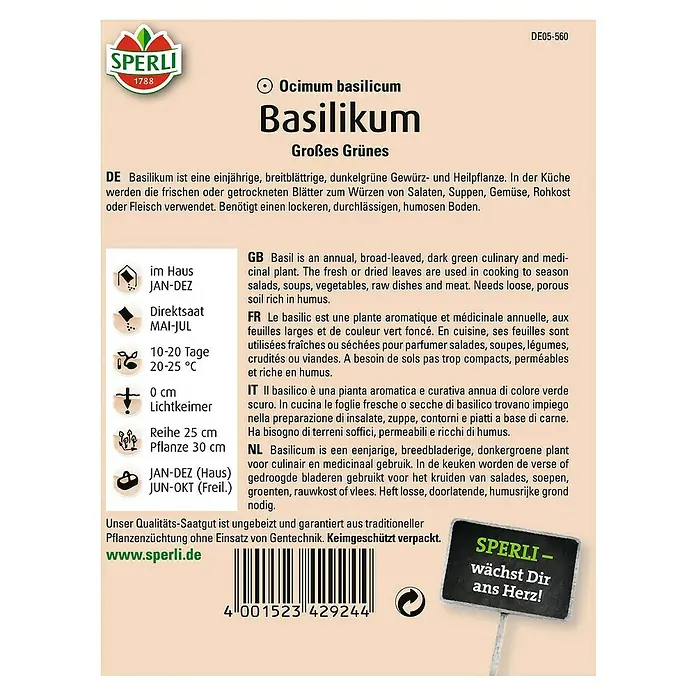Sperli Kräutersamen Basilikum - Großes Grünes, Ocimum basilicum, Saatzeit: Mai, Erntezeit: Ganzjährig - Bild einer Samenpackung für Basilikum der Marke Sperli.