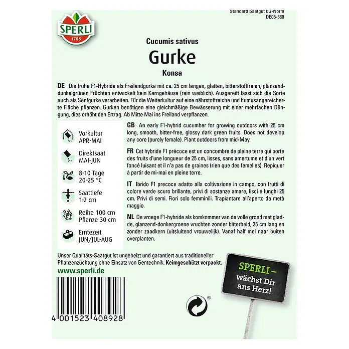 Sperli Gemüsesamen Salatgurke - Konsa, Cucumis sativus, Erntezeit: Juni - Abbildung von Sperli Gurkensamen Konza.