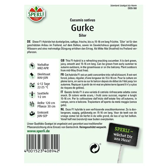 Sperli Gemüsesamen Salatgurke - Silor, Cucumis sativus, Erntezeit: Juni - Abbildung der Saatguttüte Gurke "Silor" F1-Hybride von Sperli. Dunkelgrüne, saftige, bis zu 16 cm lange Früchte.