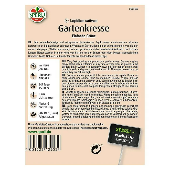 Sperli Kräutersamen Gartenkresse - Einfache Grüne, Lepidium sativum, Saatzeit: April, Erntezeit: Ganzjährig - Bild einer 'Sperli' Gartenkresse-Samenpackung, die schnell wachsendes Grün für den ganzjährigen Anbau verspricht.