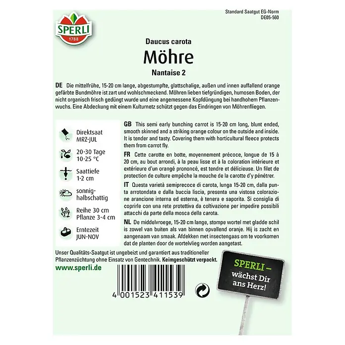 Sperli Gemüsesamen Möhre - Nantaise 2, Daucus carota, Erntezeit: Juni - SPERLI Möhre Nantaise 2 Saatgutpackung.