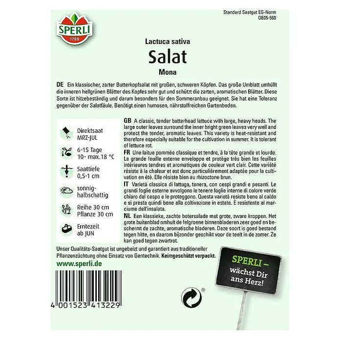 Sperli Salatsamen Kopfsalat - Mona, Lactuca sativa, Erntezeit: Juni - Samenpackung für 'Mona' Salat. Ein klassischer, zarter Butterkopfsalat für den Sommeranbau.