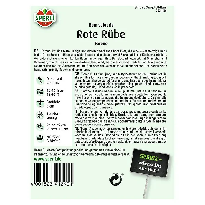 Sperli Gemüsesamen Rote Rübe - Forono, Beta vulgaris, Erntezeit: August - Produktbild von "Rote Rübe Forono" Samenpackung von Sperli, ideal für den Anbau von schmackhaften, walzenförmigen Rüben.