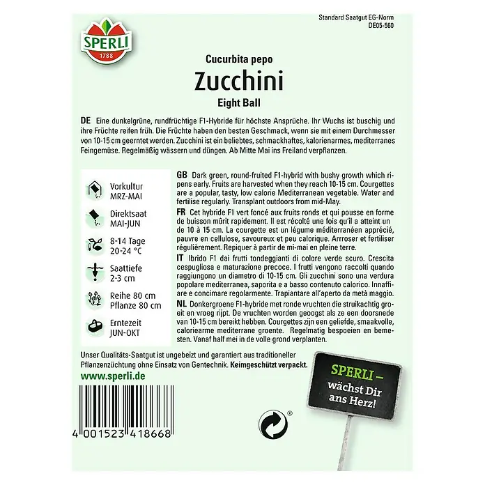 Sperli Gemüsesamen Zucchini - Eight Ball, Cucurbita pepo, Erntezeit: Juni - SPERLI Zucchini Eight Ball Saatgutpackung. Dunkelgrüne, runde F1-Hybride für höchste Ansprüche, ideal für den mediterranen Anbau.