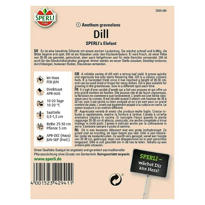 Sperli Kräutersamen Dill - Sperli's Elefant, Anethum graveolens var. hortorum, Saatzeit: April, Erntezeit: April - Produktbild von SPERLI's Elefant Dill, einer bewährten Dillsorte mit starkem Laubertrag für die Küche.