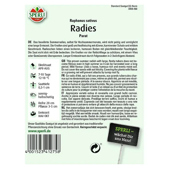 Sperli Gemüsesamen Radies - Parat, Raphanus sativus, Erntezeit: Mai - Samenpackung für "Radieschen Parat" von Sperli.