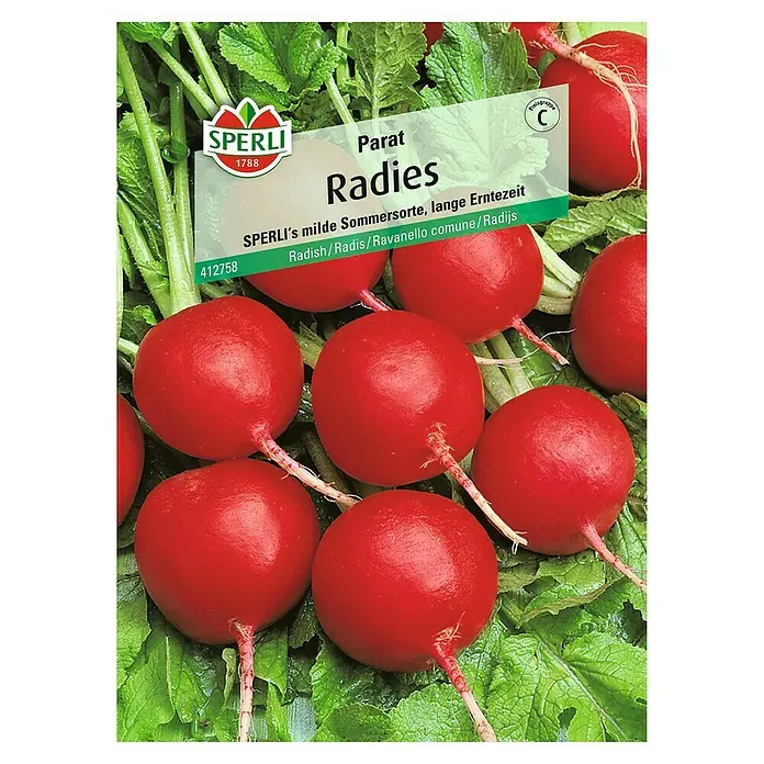 Sperli Gemüsesamen Radies - Parat, Raphanus sativus, Erntezeit: Mai - Sämereien von runden, roten Radieschen der Sorte "Parat" von Sperli, ideal für den Anbau im eigenen Garten.