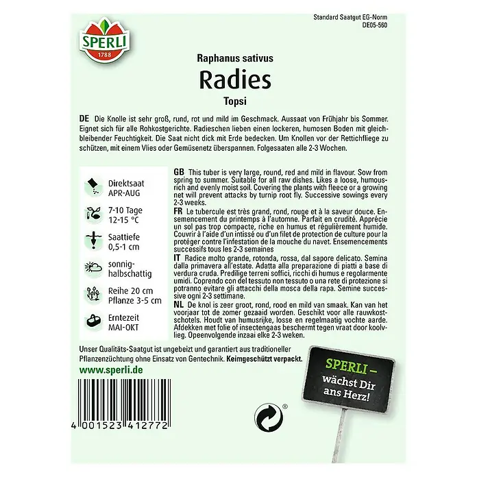 Sperli Gemüsesamen Radies - Topsi, Raphanus sativus, Erntezeit: Mai - SPERLI Radieschen 'Topsi' Saatgutpackung. Große, runde, rote Knollen mit mildem Geschmack, ideal für den Anbau im Frühjahr und Sommer.