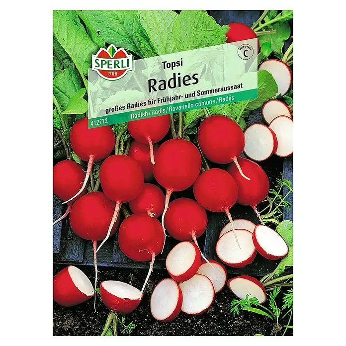 Sperli Gemüsesamen Radies - Topsi, Raphanus sativus, Erntezeit: Mai - Abbildung einer Samentüte für "Topsi Radieschen" von Sperli, ideal für Frühjahr- und Sommeraussaaten, mit knackigen, roten Radieschen.