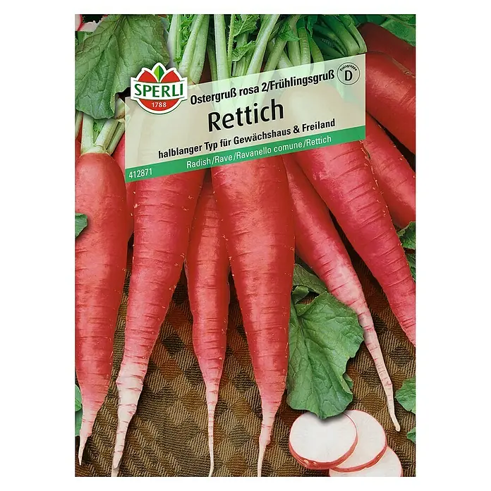 Sperli Gemüsesamen Rettich - Ostergruß rosa 2, Raphanus sativus, Erntezeit: Mai - Samenpackung mit Rettich "Ostergruß rosa 2/Frühlingsgruß", einer halblangen Sorte für Gewächshaus und Freiland.