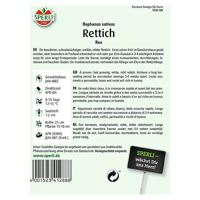 Sperli Gemüsesamen Rettich - Rex, Raphanus sativus, Erntezeit: Juni - SPERLI Rettich Rex Saatgutpackung. Ein schnell wachsender, weißer Rettich für den Anbau im Gewächshaus oder Freiland.