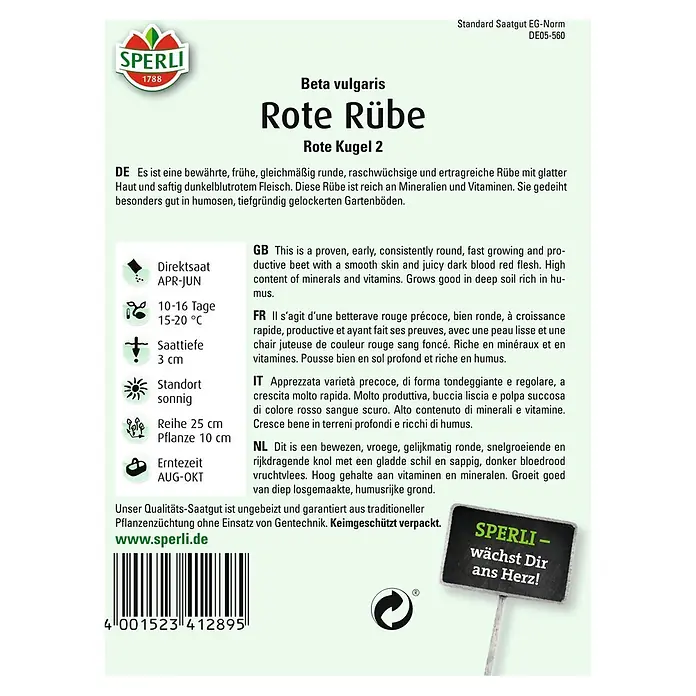 Sperli Gemüsesamen Rote Rübe - Rote Kugel 2, Beta vulgaris, Erntezeit: August - Samenpackung für Rote Rübe, Sorte Rote Kugel 2, für den Anbau im Garten.