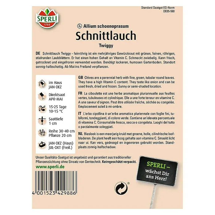 Sperli Kräutersamen Schnittlauch - Twiggy, Allium schoenoprasum, Saatzeit: April, Erntezeit: Ganzjährig - Abbildung der Samenpackung von Schnittlauch Twiggy von Sperli, einer mehrjährigen, würzigen Pflanze.