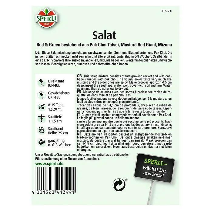 Sperli Salatsamen Red & Green - Lactuca sativa, Erntezeit: Ganzjährig - Abbildung der Salat-Samenpackung von Sperli, eine Mischung aus Pak Choi Tatsoi, Mustard Red Giant und Mizuna.