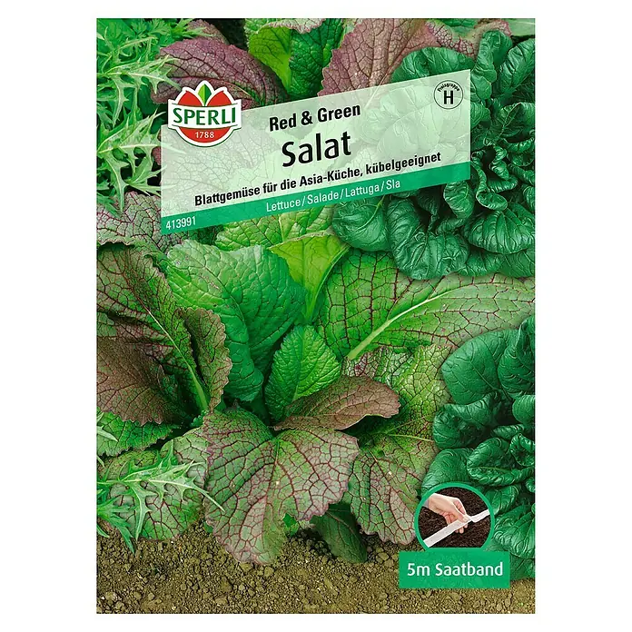 Sperli Salatsamen Red & Green - Lactuca sativa, Erntezeit: Ganzjährig - Bild einer "Red & Green Salat"-Samenpackung von Sperli, ideal für die Asia-Küche und Kübel. Enthält 5m Saatband.