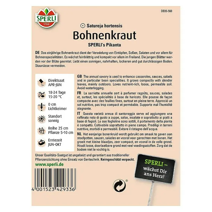 Sperli Kräutersamen Bohnenkraut Sperli's Pikanta - Satureja hortensis, Saatzeit: April, Erntezeit: Juni - Image of a packet of Sperli's Pikanta Bohnenkraut seeds.