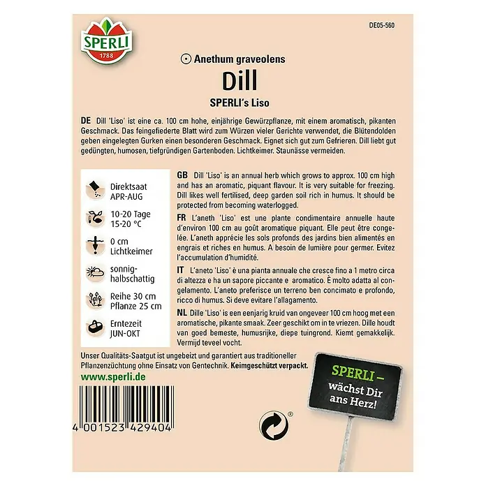 Sperli Kräutersamen Dill - Sperli's Liso, Anethum graveolens var. hortorum, Saatzeit: März, Erntezeit: Juni - Produktbild: SPERLI's Liso Dill, eine einjährige Gewürzpflanze mit aromatisch-pikantem Geschmack für vielfältige Gerichte.