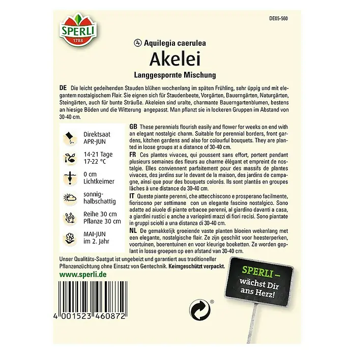Sperli Blumensamen Akelei - Aquilegia vulgaris, Blütezeit: Mai - Samenpackung mit Akelei, einer langgespornten Mischung für farbenfrohe Blumenbeete im Garten mit nostalgischem Flair.