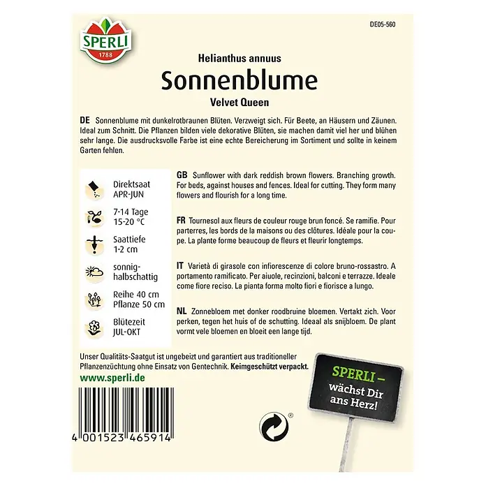 Sperli Blumensamen Sonnenblume - Velvet Queen, Helianthus annuus, Blütezeit: Juli - Samenpackung Sonnenblume 'Velvet Queen' von Sperli. Dunkelrotbraune Blüten, ideal für Beete und als Schnittblume.