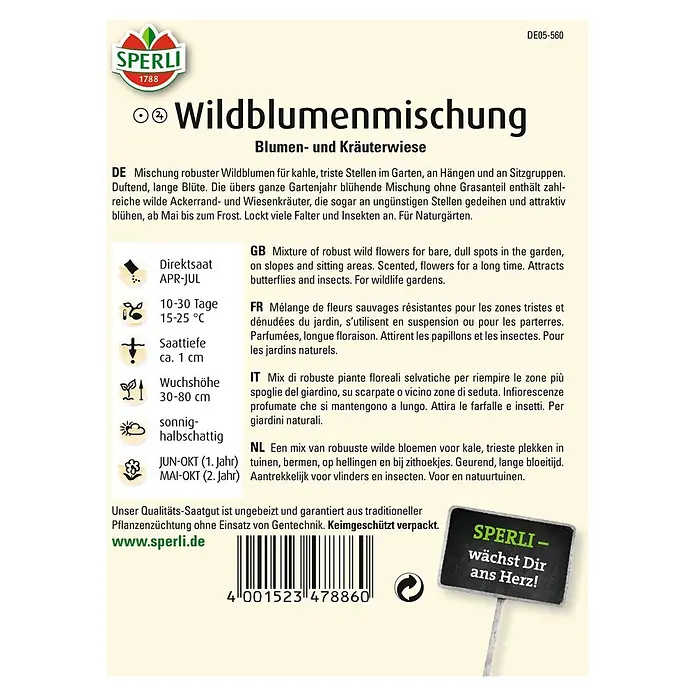 Sperli Blumensamen Wildblumenmischung - Verschiedene Sorten, Blütezeit: Juni, 10 m² - Bild der Wildblumenmischung von Sperli, ideal für Naturgärten, zieht Insekten an und blüht den ganzen Sommer.