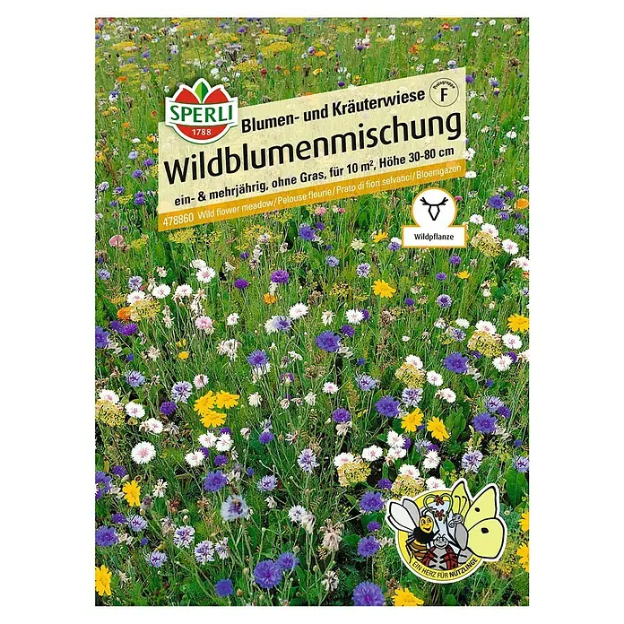 Sperli Blumensamen Wildblumenmischung - Verschiedene Sorten, Blütezeit: Juni, 10 m² - Sämereienpackung "Sperli Wildblumenmischung" mit bunten Wildblumen. Eine ein- und mehrjährige Mischung für eine farbenfrohe Blumenwiese.