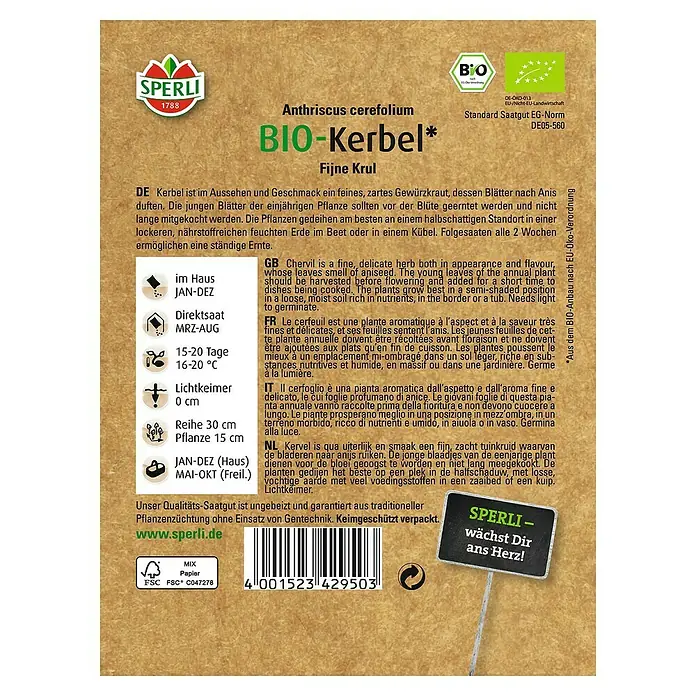 Sperli Kräutersamen Bio Kerbel - Anthriscus cerefolium, Saatzeit: März, Erntezeit: Ganzjährig - Samenpackung für Bio-Kerbel (Anthriscus cerefolium) von Sperli, ideal für den Anbau von aromatischen Kräutern im eigenen Garten.