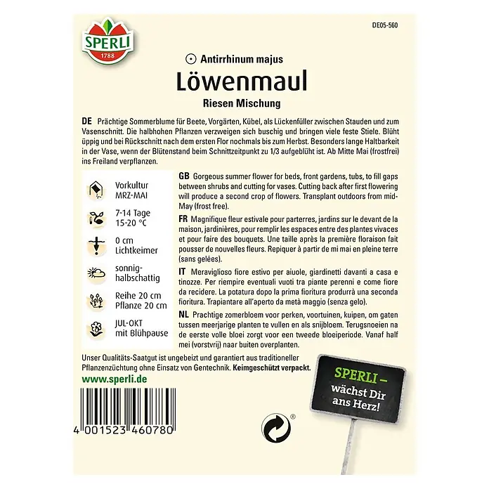 Sperli Blumensamen Löwenmäulchen - Riesen Mischung, Antirrhinum majus, Blütezeit: Juli - SPERLI Löwenmaul 'Riesen Mischung' Saatgutpackung. Für farbenprächtige Sommerblumen im Garten und als Schnittblumen.