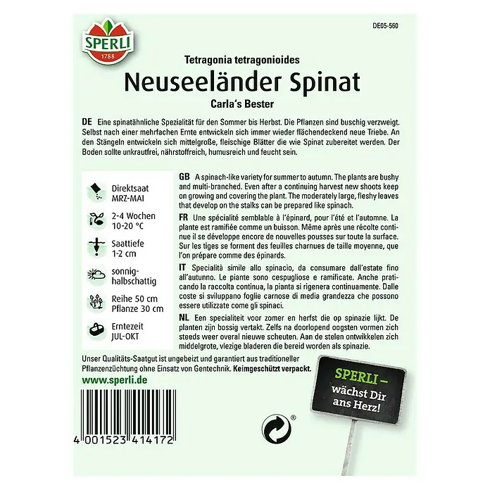 Sperli Gemüsesamen Spinat - Tetragonia tetragonioides, Erntezeit: Juli - Bild einer Samenpackung Neuseeländer Spinat der Marke Sperli, eine wärmeliebende, spinatähnliche Gemüsesorte für den Sommer.