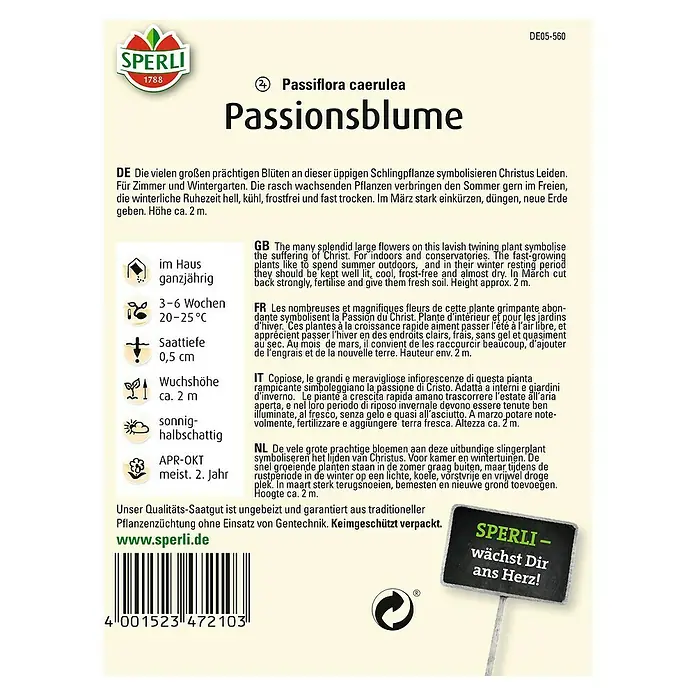 Sperli Blumensamen Passionsblume - Passiflora caerulea, Blütezeit: April - Samenpackung für Passionsblume (Passiflora caerulea) von Sperli, ideal für Garten und Zimmer.