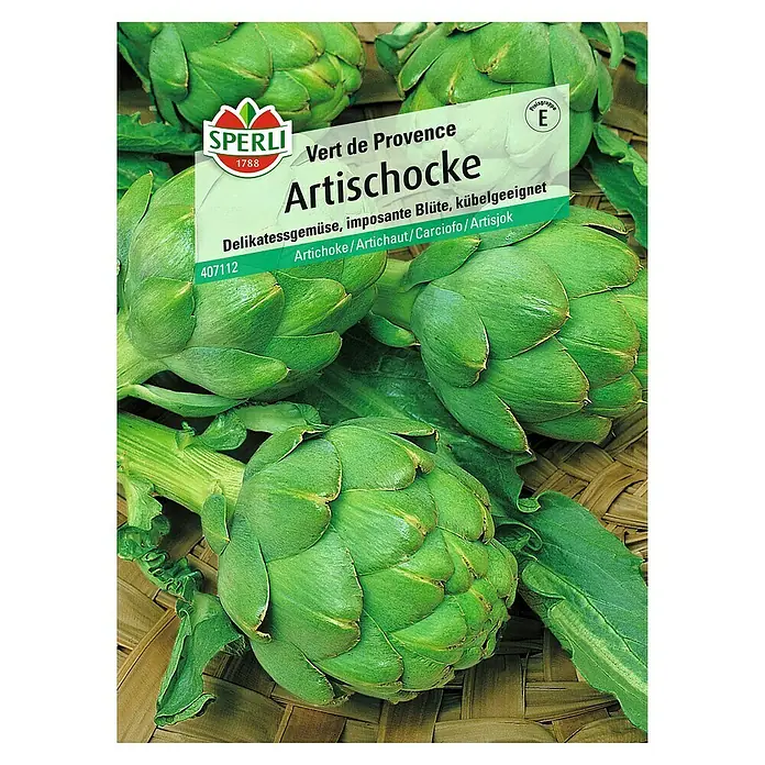 Sperli Gemüsesamen Artischocke - Cynara cardunculus var. scolymus, Erntezeit: August - Abbildung einer "Vert de Provence" Artischocken-Samenpackung von Sperli, die grüne Artischocken zeigt.