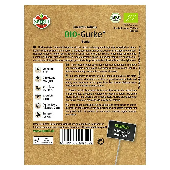 Sperli Gemüsesamen Gurke - Cucumis sativus, Saatzeit: Mai, Erntezeit: Juli - Abbildung der Verpackung von Bio-Gurke Sonja-Samen, einer robusten Freilandgurke mit glatter Schale und resistent gegen Gurkenkrankheiten.