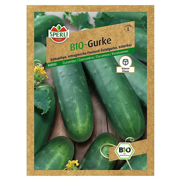 Sperli Gemüsesamen Gurke - Cucumis sativus, Saatzeit: Mai, Erntezeit: Juli - Bild der Samenpackung 'Bio-Gurke' von Sperli, einer robusten und ertragreichen Freiland-Salatgurke.