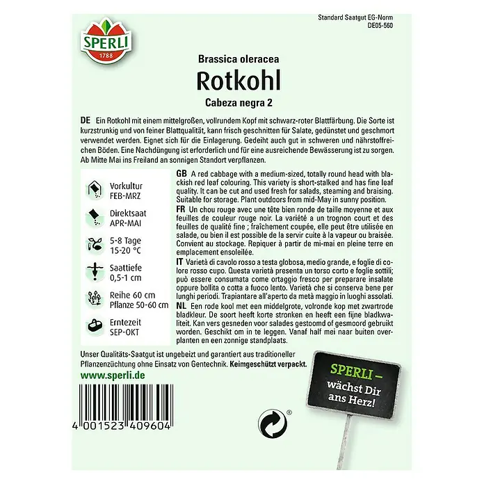 Sperli Gemüsesamen Rotkohl - Brassica oleracea, Erntezeit: September - Produktbild von "Rotkohl Cabeza negra 2" Samenpackung der Marke Sperli.