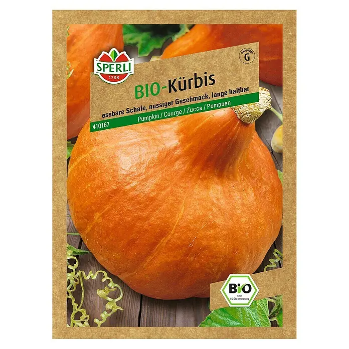 Sperli Gemüsesamen Kürbis - Bio, Cucurbita maxima, Erntezeit: September - Bio-Kürbis Samenpackung von Sperli. Die Sorte hat eine essbare Schale und ein nussiger Geschmack. Lange haltbar.