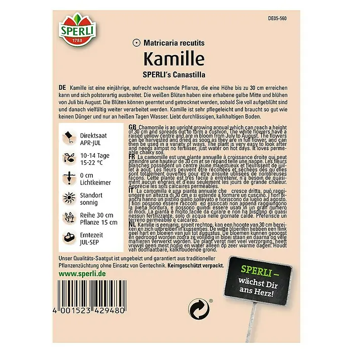 Sperli Blumensamen Kamille - Chamomilla recutita, Weiß-orange - Produktbild von Sperli's Canastilla Kamille, einer einjährigen, aufrecht wachsenden Pflanze mit weißen Blüten und gelber Mitte.