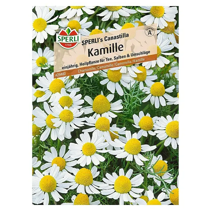 Sperli Blumensamen Kamille - Chamomilla recutita, Weiß-orange - Abbildung einer Samentüte mit Kamille.