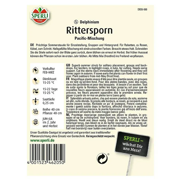 Sperli Blumensamen Rittersporn - Delphinium x cultorum, Mehrfarbig - Saatguttüte Rittersporn Pacific-Mischung von Sperli. Sommerstaude für Einzelstellung, Gruppen und Hintergrund mit halbgefüllter Mischung mit Farben.