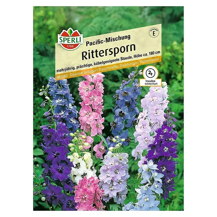 Sperli Blumensamen Rittersporn - Delphinium x cultorum, Mehrfarbig - Abbildung einer Samenpackung Pacific-Mischung Rittersporn von Sperli. Die Packung zeigt bunte Ritterspornblüten in verschiedenen Farben.