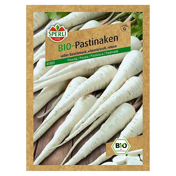 Sperli Gemüsesamen Pastinake - Pastinaca sativa, Erntezeit: März - Abbildung einer Samenpackung für Bio-Pastinaken der Marke Sperli, die gesunde und schmackhafte Rüben verspricht.