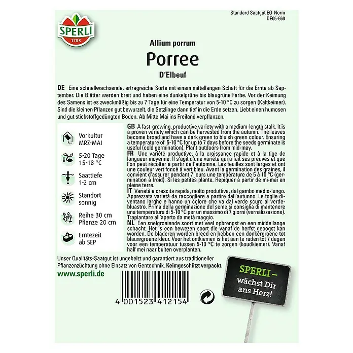 Sperli Gemüsesamen Porree - Allium porrum, Erntezeit: September - Das Bild zeigt eine Samenpackung für Allium porrum 'Porree D'Elbeuf' von Sperli, einer schnellwachsenden und ertragreichen Sorte.