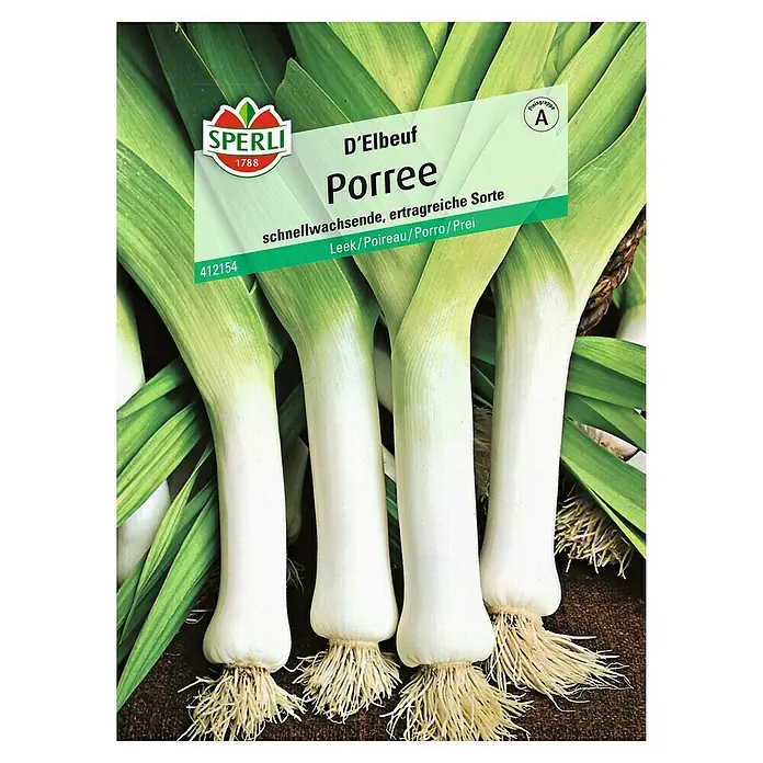 Sperli Gemüsesamen Porree - Allium porrum, Erntezeit: September - Bild einer D'Elbeuf Porree-Samenpackung von Sperli, die eine schnell wachsende und ertragreiche Sorte mit kräftigen, weißen Schäften zeigt.
