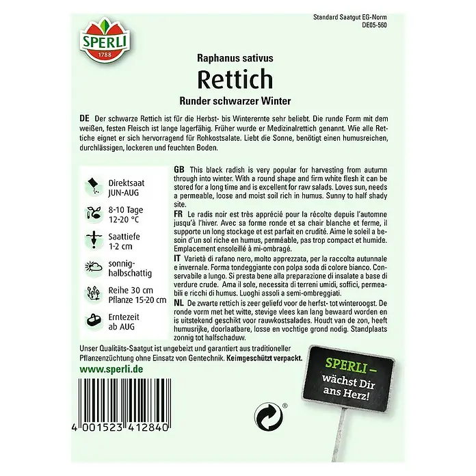 Sperli Gemüsesamen Rettich - Runder schwarzer, Raphanus sativus, Erntezeit: August - SPERLI Rettichsamen: Runder schwarzer Winterrettich für den Anbau im eigenen Garten.
