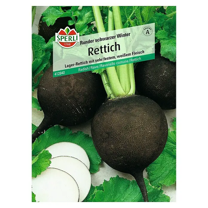 Sperli Gemüsesamen Rettich - Runder schwarzer, Raphanus sativus, Erntezeit: August - Abbildung eines "Runder schwarzer Winter Rettich" Samenpakets von Sperli, mit Rettichen und geschnittenen Scheiben.