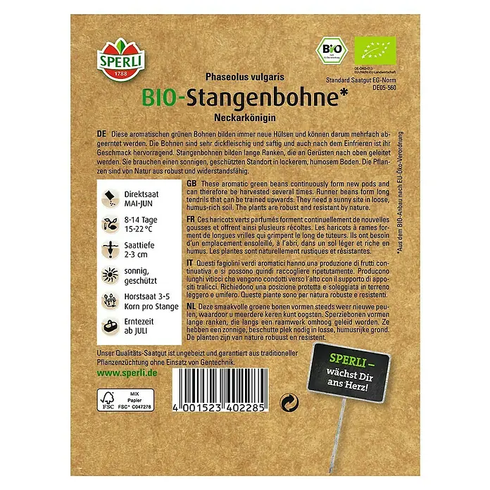 Sperli Gemüsesamen Stangenbohne - Bio, Phaseolus vulgaris, Erntezeit: Juli - Abbildung der Samenpackung für Bio-Stangenbohnen.